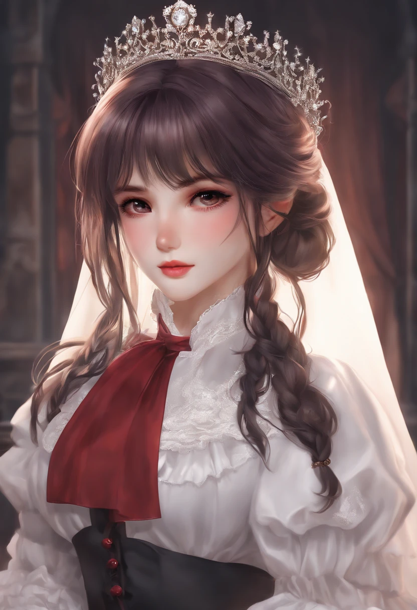 master part,(best quality, illustration,face detailed:1.3),(1girl,standing alone:1.3),beautiful detailed eyes,  apron, Gradient_Background Story, Gradient, maid, Purple eyes,red hair,breasts small,, break, enmaided, offwhite_apron, blackw_don, pony-tail, blackw_footwear, frilled_apron, don, maid_apron, alternate_Hair,very long hair, split_pony-tail, Halation