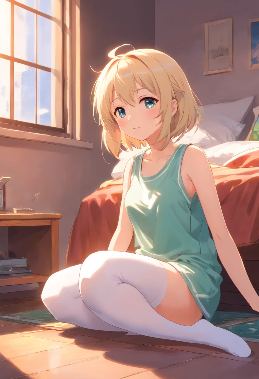 a cute loli，Long whit hair，Leaky shoulders，Barefoot，Look up at your head，Lie on the ground，raise her legs，shift dresses，white  panties，largeeyes，Cute faces in anime，Lori，long white socks，masturbation,sleeveless