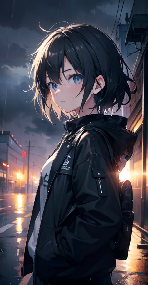 1girl, jacket, rain, outdoors, sweatshirt, open jacket, chain, backpack, looking at each other, messy hair, artstation trend, 8k resolution, highly detailed, anatomically correct, sharp image, digital painting, concept art, trend pixiv, styled by Makoto Sh...