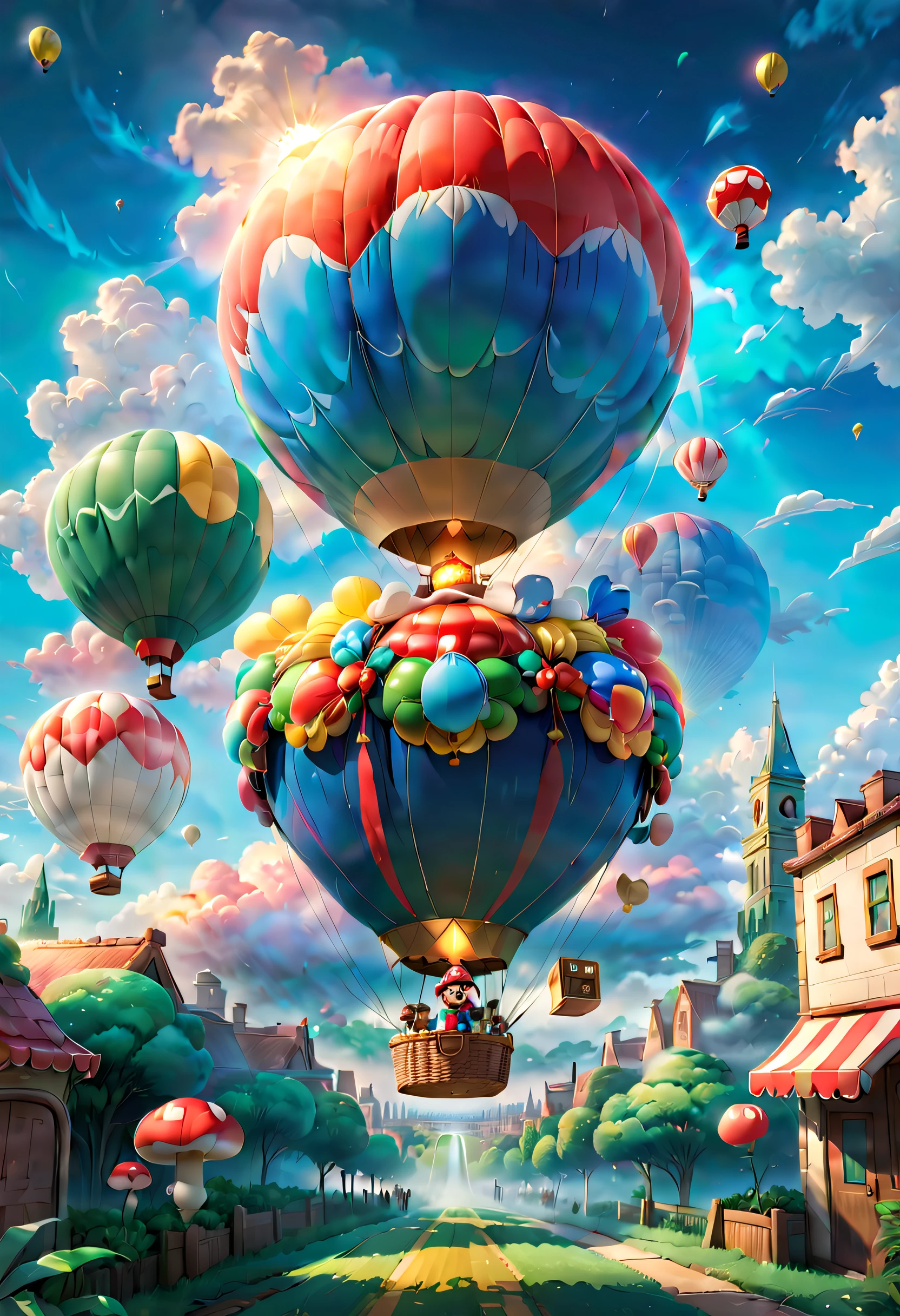 In einem strahlenden und farbenfrohen Himmel，Ein riesiger Heißluftballon schwebt langsam。Dieser Heißluftballon-Look ist ganz von der Spielwelt von Super Mario inspiriert，Mit Mario dekoriert、Luigi、Ikonische Motive wie Pilze und Goldmünzen。Der Heißluftballon selbst hat einen lebhaften roten und blauen Farbton，Präsentiert einen lebendigen visuellen Effekt Basis ist mit Elementen des klassischen Mario Hintergrund geschmückt，Such as grass、Wolken und Wasserrohre。Der Korb des Heißluftballons besteht aus Blöcken aus der Mario-Serie，Jedes Quadrat zeigt ein anderes Muster und eine andere Farbe，Erzeugt ein pixeliges Gefühl。In der Kabine eines Heißluftballons，Es gibt eine transparente Kuppel，Die Passagiere können eine atemberaubende 360-Grad-Aussicht genießen。Auf der Kuppel befindet sich außerdem ein kleines Dach，Die Form ähnelt einem Pilz，Es ist, als würde man aus der Spielwelt springen。Das Dach ist mit Lichtern in Form von Goldmünzen eingelegt，in der Nacht，Schimmert mit einem warmen und sanften Glanz。Der Heißluftballon steigt langsam auf，Fahren Sie durch einen weiten blauen Himmel und weiße Wolken。Die Sonne scheint auf die Wolken，Eine leichte Brise weht den Heißluftballon，Es gibt ein Gefühl der Leichtigkeit。Niedliche Vögel fliegen im umgebenden Himmel，Auch er scheint von diesem wunderbaren Anblick fasziniert zu sein。 in Entfernung，Eine prächtige und farbenfrohe Stadt ist zu sehen，Die Gebäude der Stadt sind mit Motiven aus der Super Mario-Serie übersät，Verleiht der ganzen Szene einen märchenhaften Zauber。Fußgänger eilen durch die Straßen der Stadt，Fahrzeuge schlängeln sich hindurch，Weiche Wolken und farbenfrohe RGB-Farbpaletten, (Ghibli-ähnliche Farben, filmische Beleuchtung, Ich-Perspektive, Betrachtungswinkel, im Panorama-Ausblick, Ultra-Weitwinkel, hyper HD, anatomisch korrekt, Meisterwerk, genau, Preisgekrönt, beste Qualität)