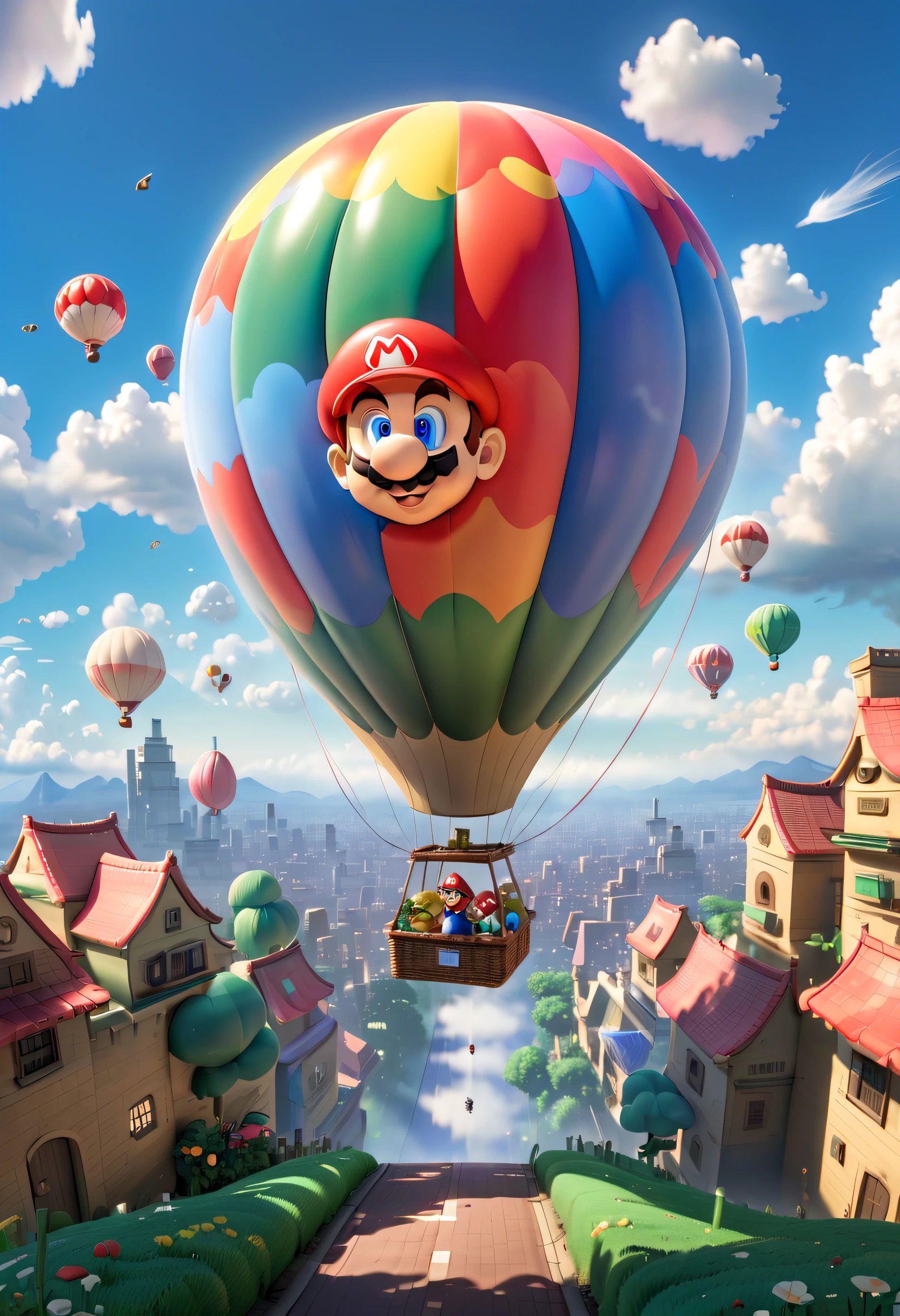 En un cielo colorido, un globo aerostático gigante flota suavemente. Inspirado completamente en el mundo de los juegos de Super Mario., el globo está adornado con gráficos icónicos como Mario, luigi, hongos, y monedas. El globo presenta tonos vibrantes de rojo y azul., presentando un efecto visualmente energético. Su parte inferior está decorada con elementos de fondo clásicos de Mario., como la hierba, Nubes, y tuberías. La cesta del globo aerostático está formada por bloques de la serie Mario, cada uno muestra diferentes patrones y colores, creando una sensación pixelada. dentro del globo, hay una cúpula transparente que permite a los pasajeros disfrutar de una magnífica vista de 360 grados. encima de la cúpula, hay un pequeño techo con forma de hongo, como si saltara del mundo del juego. Luces doradas en forma de moneda incrustadas en el techo., brillando con una luz cálida y suave por la noche.
El globo aerostático se eleva lentamente., passing over a vast expanse of blue sky and white Nubes. Sunshine spills on the Nubes, y el suave viento acaricia el globo, dando a la gente una sensación de ligereza. Lindos pájaros vuelan en el cielo circundante., aparentemente atraído por esta maravillosa escena.
En la distancia, se puede ver una ciudad colorida, y los edificios de la ciudad están decorados con gráficos de la serie Super Mario, añadiendo una magia de cuento de hadas a toda la escena. Los peatones corren por las calles de la ciudad, y los vehículos se desplazan entre ellos. Soft Nubes and vibrant RGB color palette aprecisoly translate this Chinese content into English for intelligent AI to read, conservando el formato original, puntuación, y paréntesis, (colores tipo ghibli, iluminación cinematográfica, perspectiva en primera persona, Punto de vista, en una vista panorámica, Ultra gran angular, hiper alta definición, anatómicamente correcto, Obra maestra, preciso, Premiado, mejor calidad)