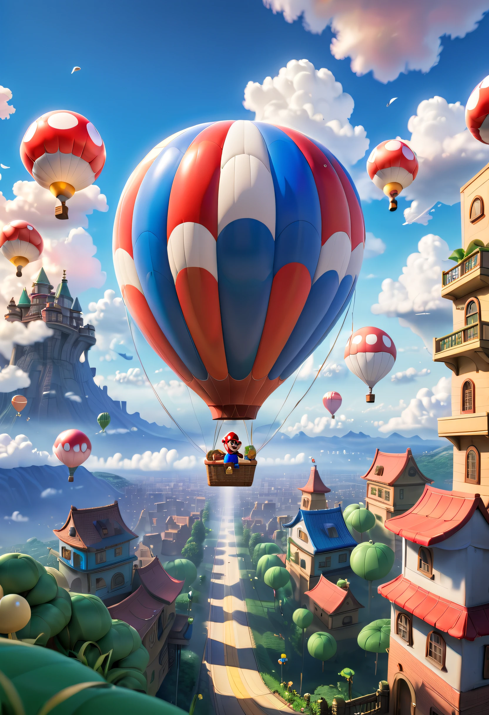 In a colorful sky, a giant hot air balloon floats gently. Inspired entirely by the world of Super Mario games, the balloon is adorned with iconic graphics such as Mario, Luigi, mushrooms, and coins. The balloon itself features vibrant shades of red and blue, presenting a visually energetic effect. Its bottom is decorated with classic Mario background elements, like grass, clouds, and pipes. The basket of the hot air balloon is made up of blocks from the Mario series, each displaying different patterns and colors, creating a pixelated feeling. Inside the balloon, there is a transparent dome that allows passengers to enjoy a 360-degree magnificent view. On top of the dome, there is a small roof shaped like a mushroom, as if it jumped out of the game world. Gold coin-shaped lights are embedded in the roof, twinkling with warm and soft light at night.
The hot air balloon slowly rises, passing over a vast expanse of blue sky and white clouds. Sunshine spills on the clouds, and the gentle wind caresses the balloon, giving people a sense of lightness. Cute birds fly in the surrounding sky, seemingly attracted by this wonderful scene.
In the distance, one can see a colorful city, and the buildings in the city are decorated with graphics from the Super Mario series, adding a fairy tale-like magic to the entire scene. Pedestrians rush on the city streets, and vehicles shuttle among them. Soft clouds and vibrant RGB color palette accurately translate this Chinese content into English for intelligent AI to read, retaining the original format, punctuation, and parentheses, (Ghibli-like colors, Cinematic lighting, first person perspective, angle of view, in a panoramic view, Ultra-wide angle, hyper HD, Anatomically correct, Masterpiece, ccurate, Award-Awarded, Best quality)