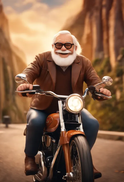 a 3D Disney Pixar poster of an elderly man with glasses, pilotando uma Harley Davidson 883 em uma viagem de moto. (altamente detalhado:1.2), Realistic depiction of a senior man with glasses, entusiasta do motociclismo, with great attention to facial expres...