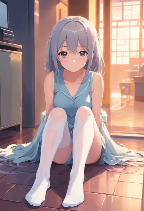 a cute loli，Long grey hair，Leaky shoulders，Barefoot，Look up at your head，Lie on the ground，raise her legs，shift dresses，white  panties，largeeyes，Cute faces in anime，Lori，long white socks，masturbation,Sleeveless,Sheer costume,