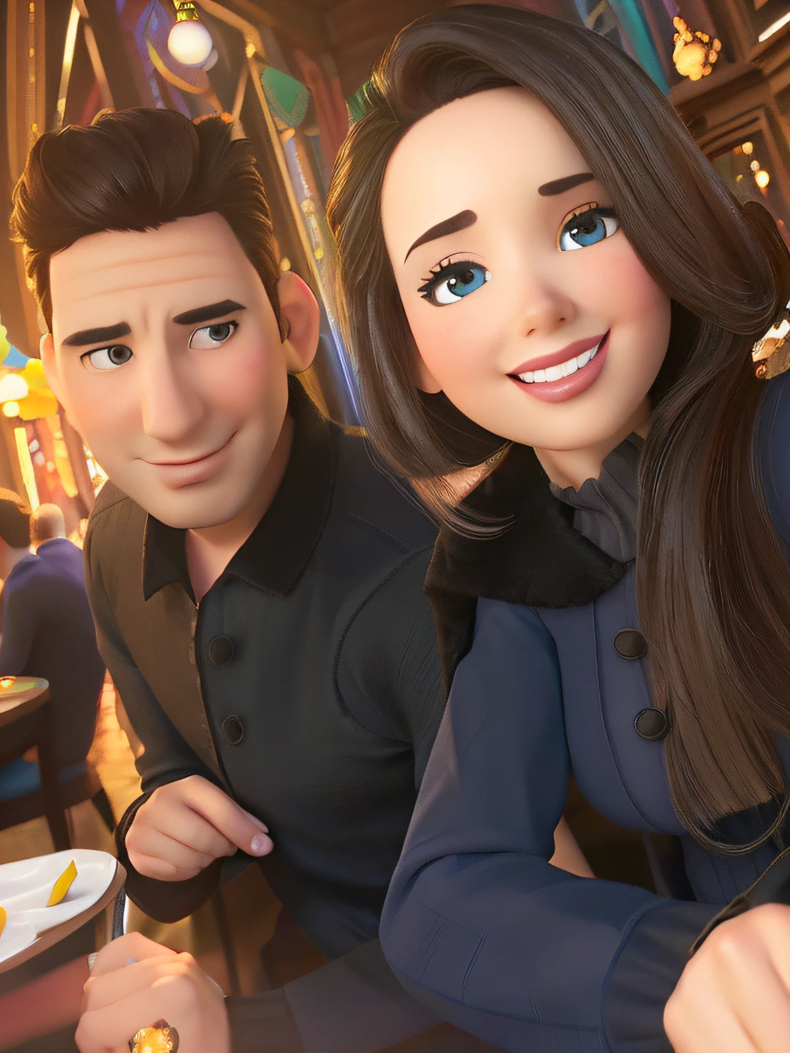 (high quality, best quality, pixar-style:1.1), a man and a woman, vibrant colors, detailed features, romantic atmosphere, realistic lighting, playful expressions, lively background, dynamic poses, magical ambiance, Pixar whimsical touch, detailed textures