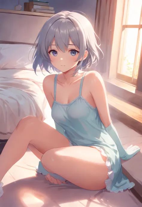 a cute loli，Long grey hair，Leaky shoulders，Barefoot，Look up at your head，Lie on the ground，raise her legs，shift dresses，white  panties，largeeyes，Cute faces in anime，Lori，long white socks，masturbation,Sleeveless,Sheer costume,Nobura,(Covered :0.9), Shaded f...