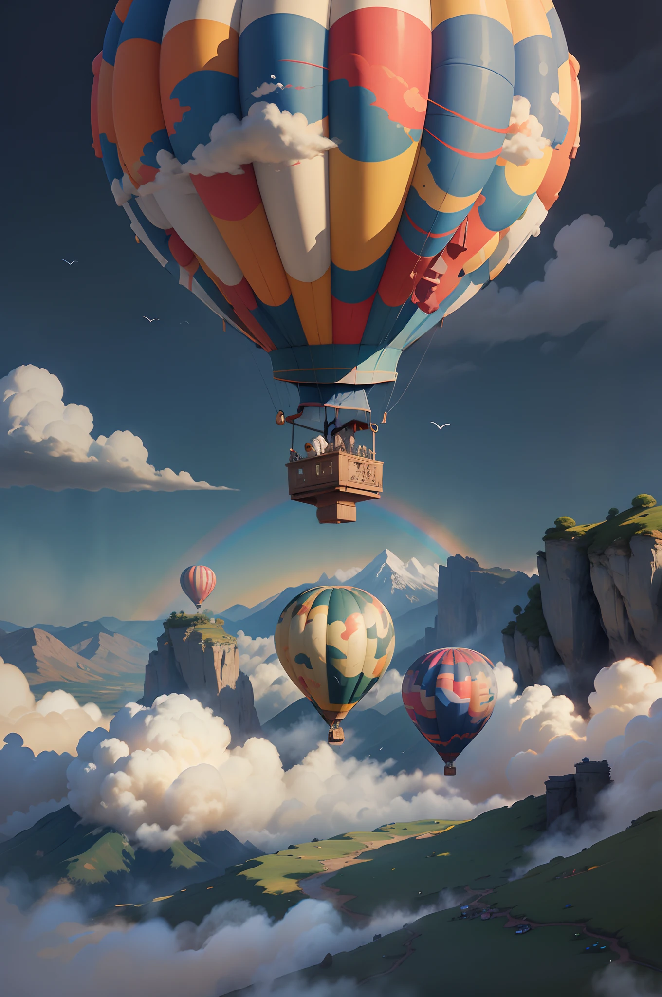 详细信息元素：彩色热气球、远处云雾缭绕、翱翔的鸟儿、阳光普照的草地、绚烂的彩虹