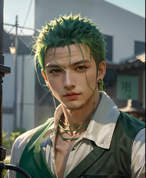 a close up of a person with green hair , roronoa zoro, from one piece, realistic, ultra details best quality, masterpiece, ultra...