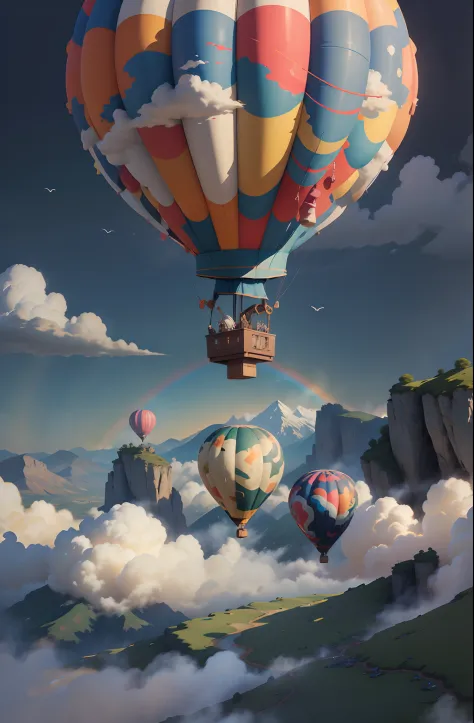 detail elements：colorful hot air balloons、fluttering clouds、mountains in the distant、soaring birds、sun-drenched meadows、splendid...