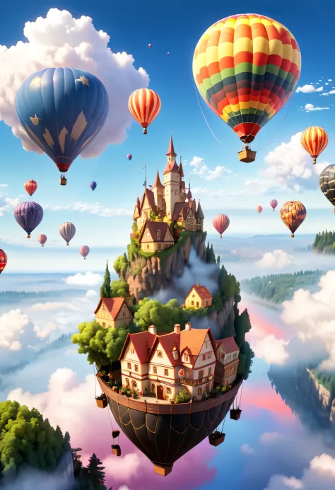 Imagine that，A fairytale forest town hovers above the clouds，Reflects the color of the sky。The town may have bridges and sidewal...