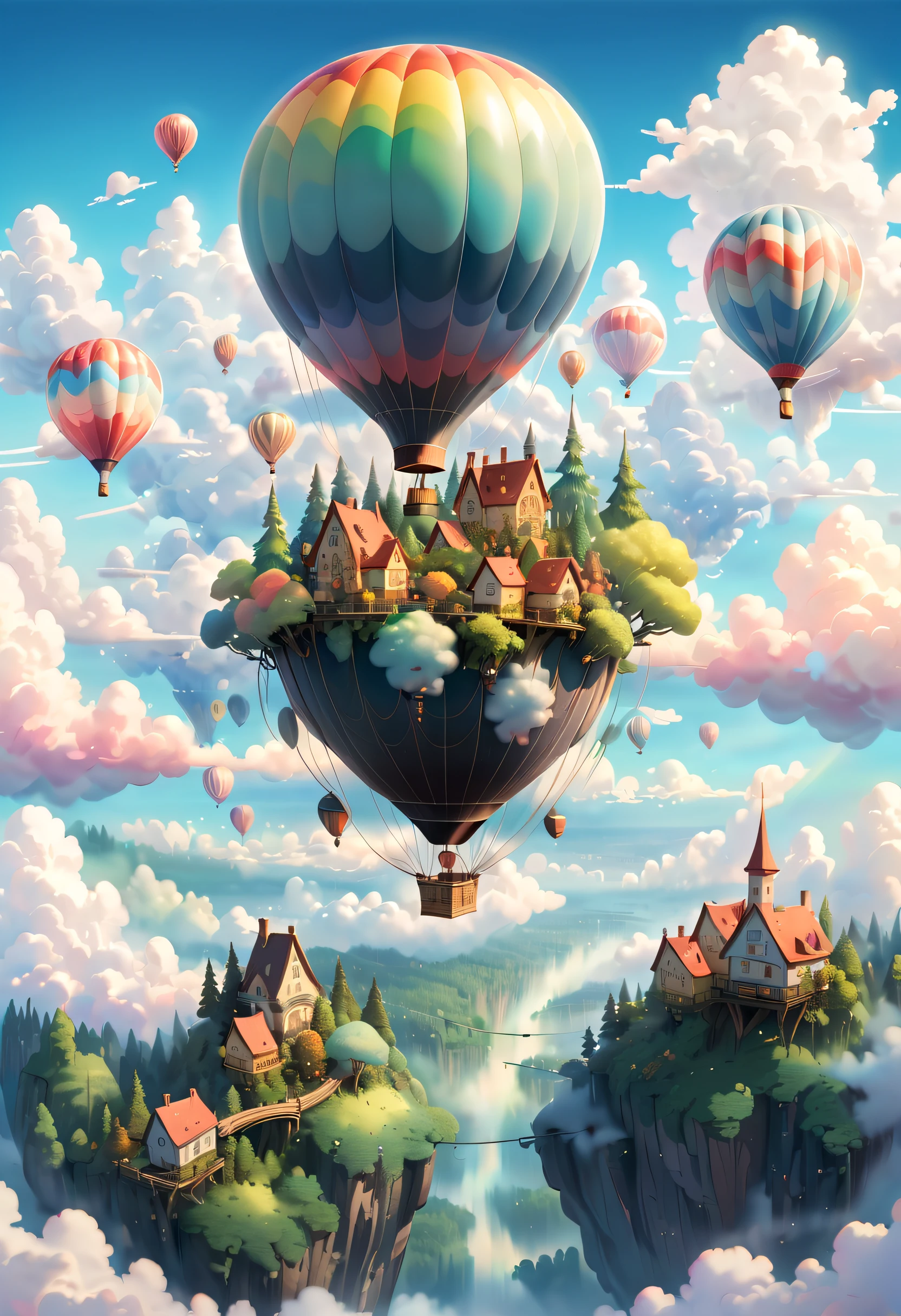 (Imagine a fairy tale forest town hovering above the clouds, reflecting the colors of the sky. The town may have bridges and walkways connecting different buildings, and in the sky floats a huge and magnificent hot-air balloon and other floating objects.) This painting can have a dreamlike and tranquil atmosphere, with soft clouds and a brightly colored RGB palette. (Studio Ghibli-like colors, cinematic lighting, first-person perspective, angle, panoramic, ultra-wide angle, ultra-high definition, anatomically correct, masterpiece-quality, curated, award-winning, best quality.)