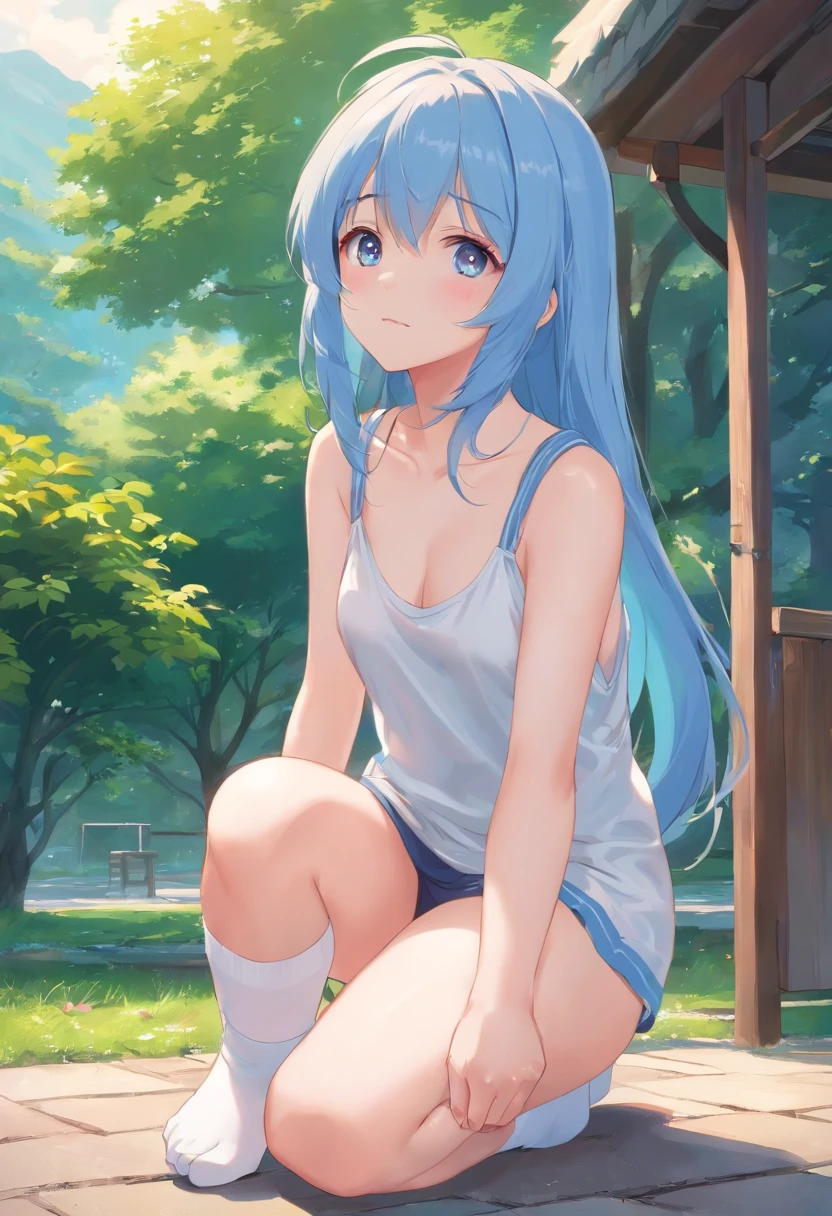 a cute ，Long grey hair，Leaky shoulders，Barefoot，Look up at your head，Lie on the ground，raise her legs，shift dresses，white  panties，largeeyes，Cute faces in anime，，long white sockasturbation,ASS UP WAIT FEET, 1girl in, masutepiece, , vaginal, Sweat, plein air, Forehead, Thin hair, Medium Hair, Blue hair, nose blush, Glaring,