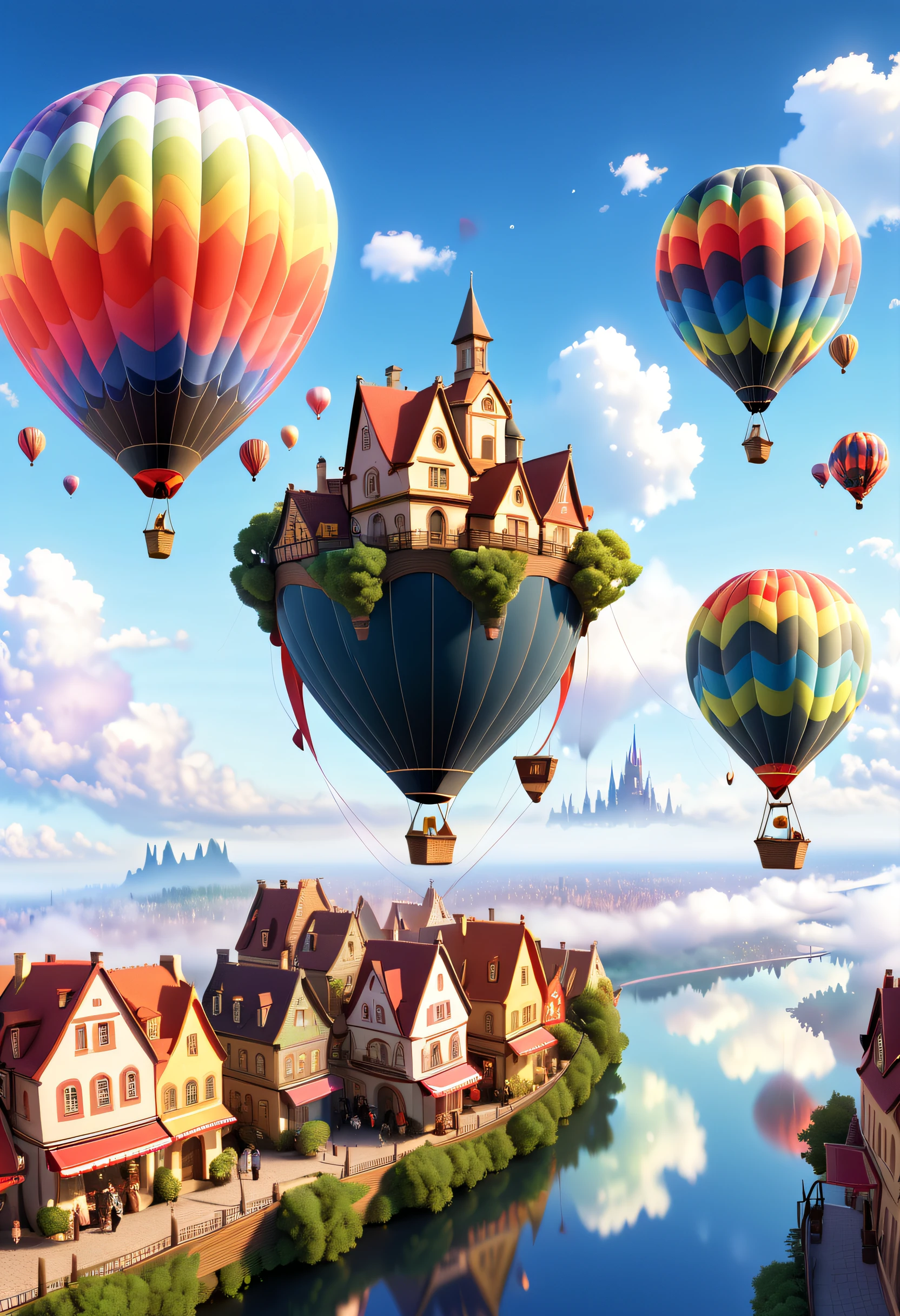 Imagine that，A fairytale forest town hovers above the clouds，Reflects the color of the sky。The town may have bridges and sidewalks that connect different buildings，(There is a huge, spectacular and incomparably showy hot air balloon and other floating objects floating in the sky: 1.5)。The painting can have a dreamy and serene atmosphere，Soft clouds and brightly colored RGB color palettes, (Ghibli-like colors, Cinematic lighting, first person perspective, angle of view, in a panoramic view, Ultra-wide angle, hyper HD, Anatomically correct, Masterpiece, ccurate, Award-Awarded, Best quality)，