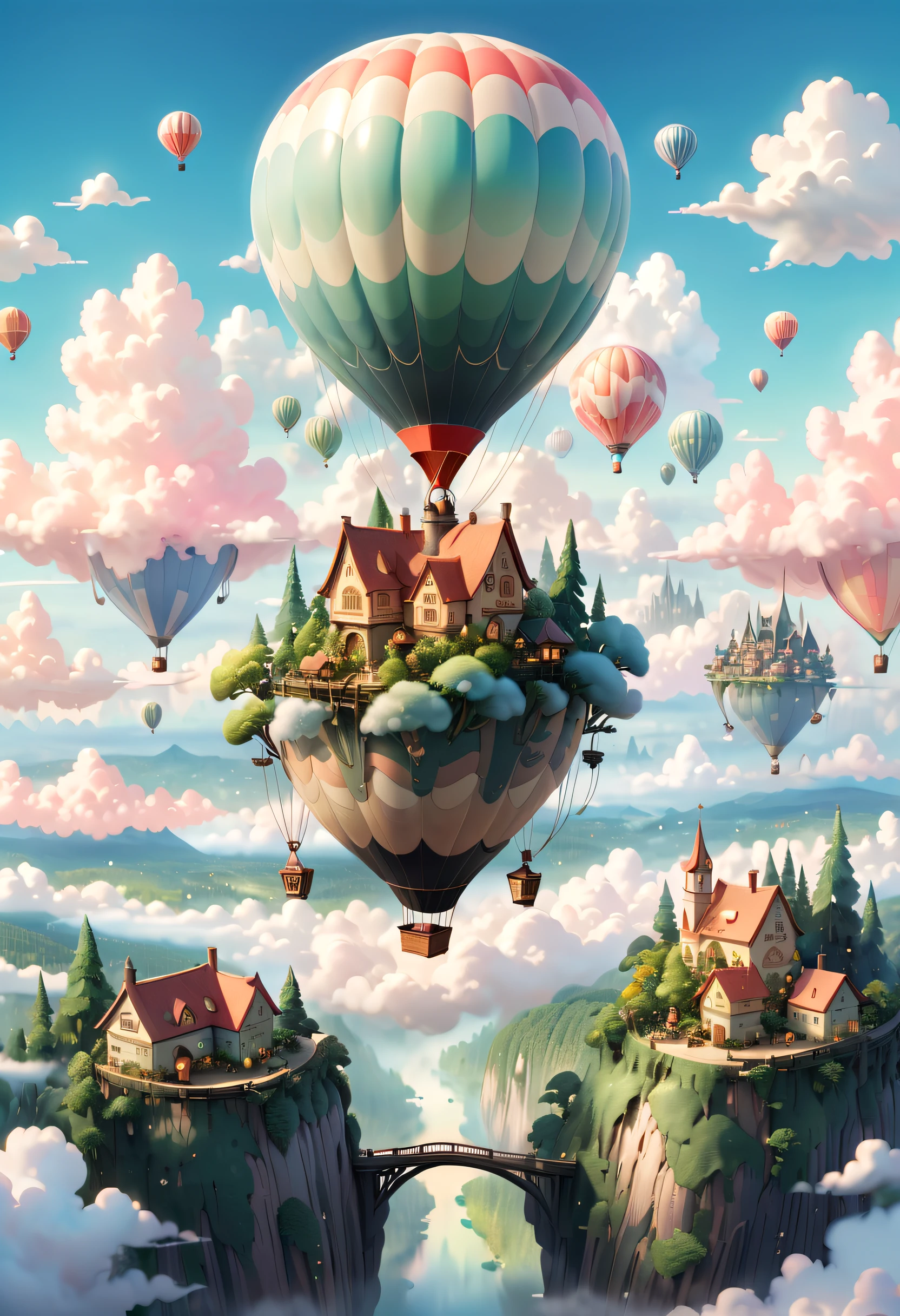 Imagine a fairy-tale forest town perched above the clouds, reflecting the colors of the sky. The town could have bridges and walkways connecting different buildings, with a magnificent and unparalleled hot air balloon and other floating objects hovering in the sky. This artwork exudes a dreamy and serene atmosphere, with soft clouds and a gentle color palette reminiscent of Studio Ghibli films. It captures the essence of cinematic lighting, presented in a first-person perspective, panoramic, ultra-wide-angle, ultra-high-definition format, showcasing anatomical accuracy. It's a masterpiece, known for its exceptional quality and has won numerous awards.