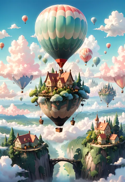 Imagine a fairy-tale forest town perched above the clouds, reflecting the colors of the sky. The town could have bridges and wal...