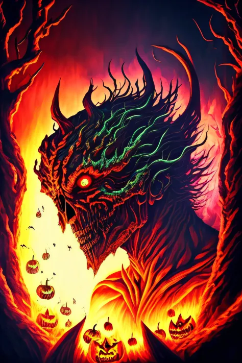 A psychedelic monster from hell emerging from the shadows, this Halloween, he is terrifying and mysterious. It's very detailed and textured. The atmosphere is hot and colored dust is suspended, there are pumpkins with red eyes