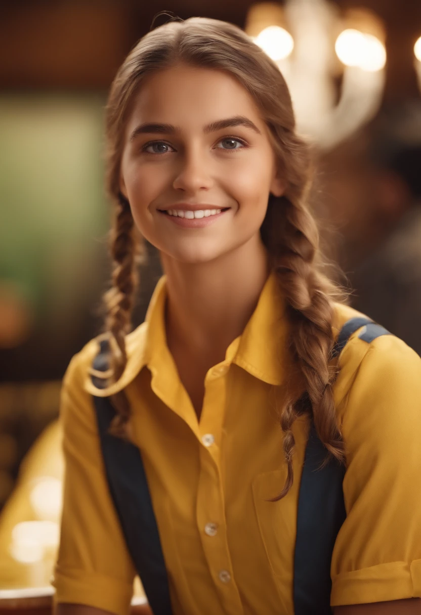 A Close Up Of A Woman With A Yellow Shirt And Blue Suspenders Seaart Ai