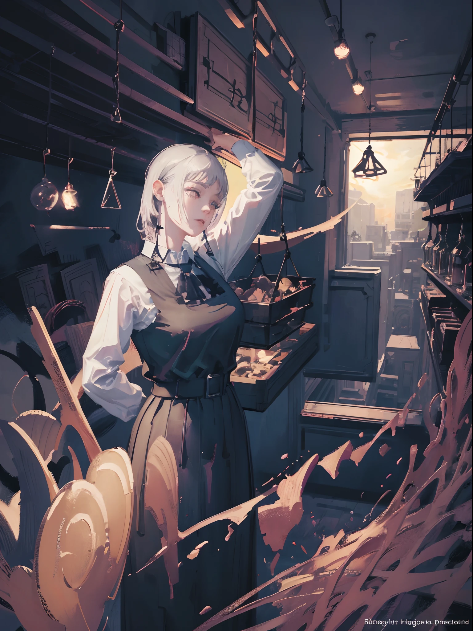 (masterpiece),(best quality), illustration, (fantasy:1.4), witch,  detailed digital art, beautiful face, gray hair, dark color long dress, wearing harness