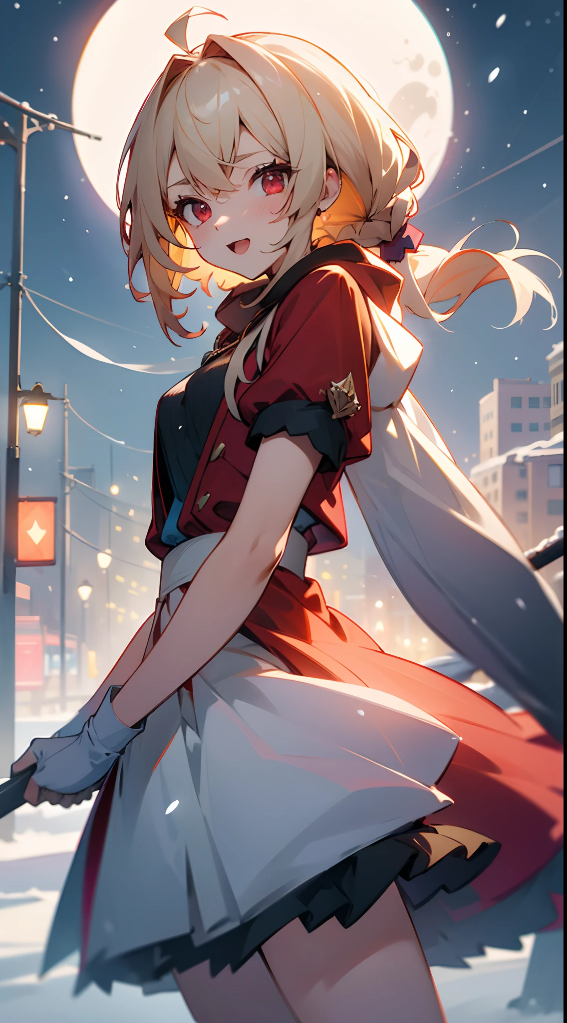 1girl in,a blond、Pony tail、Ahoge、Red Eyes、small tits,a smile、Open your mouth、Laugh、Wearing a red hoodie,city,winter snow,Night,absurderes,hight resolution, ultrasharp, 8K, masutepiece, Looking at Viewer, Fantasy, Magical, Snow-covered rooftop, Frozen breath rises, Glowing streetlights, Ethereal Atmosphere, Dreams, quiet street, Distant city skyline, Fluffy and snowy, Intricate details of the girl's face and outfit, Delicate snowflakes on her eyelashes, mysterious expression, seductive beauty, a captivating gaze, Snowy trees々, Blurry lights in the background, Bright red contrasting with snow-white snow, captivating scene, Evoke a sense of wonder and magic.