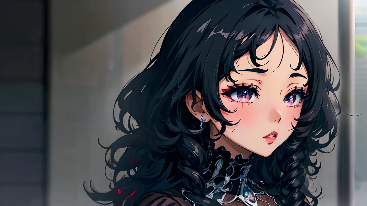 anime dark skin girl, black and white curly hair covering her eyes, black lipgloss on lips, gothic dress, close up