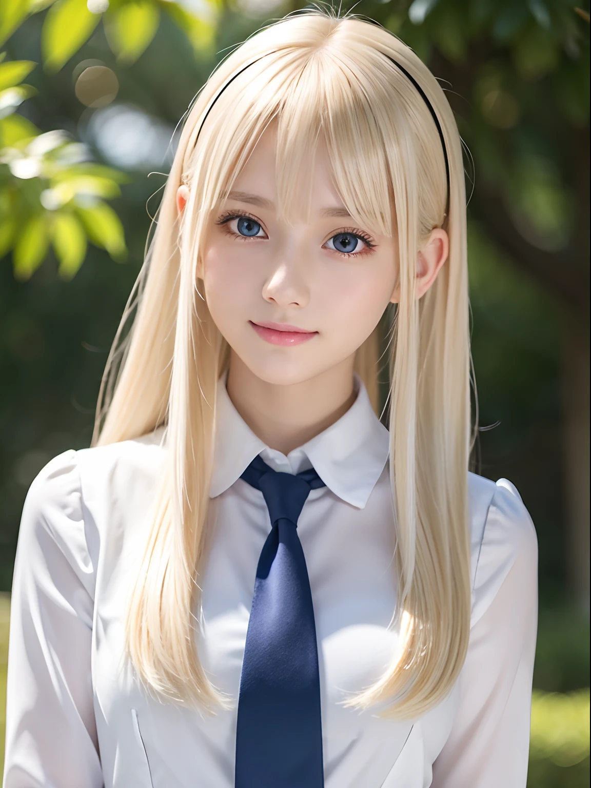 ポートレート、学校の制服、明るい表情、ポニーテール、若くて輝く白い輝く肌、ベストルックス、金髪の反射光、眩しいハイライトが入ったプラチナブロンドの髪、輝く明るいブロンドの髪、とても美しい、超ロングでシルキーストレートなシルキーブロンドの髪、輝く美しい前髪、輝く透明な魅力的な大きな淡い青い目、とても綺麗で素敵な可愛い女の子です、大きな豊かな胸、小顔美人、かわいらしい顔、チークグロス、丸い顔