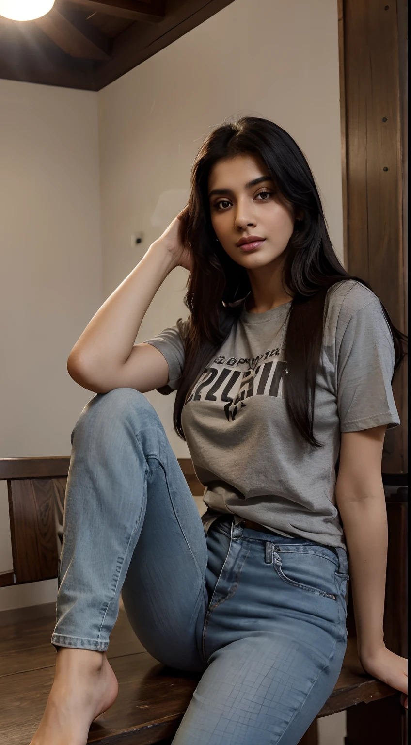 Niña linda en una camiseta negra y jeans azules