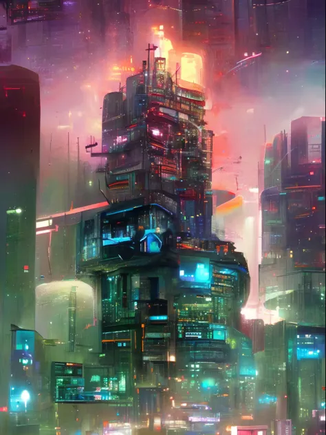 A dystopian whimsy cyber punk city in high resolution: best quality,4k,8k,highres,masterpiece:1.2,ultra-detailed,realistic,photorealistic:1.37,dystopian,whimsy,cyber punk city,detailed,gritty,neon-lit,night scene,gloomy atmosphere,advanced technology,futur...