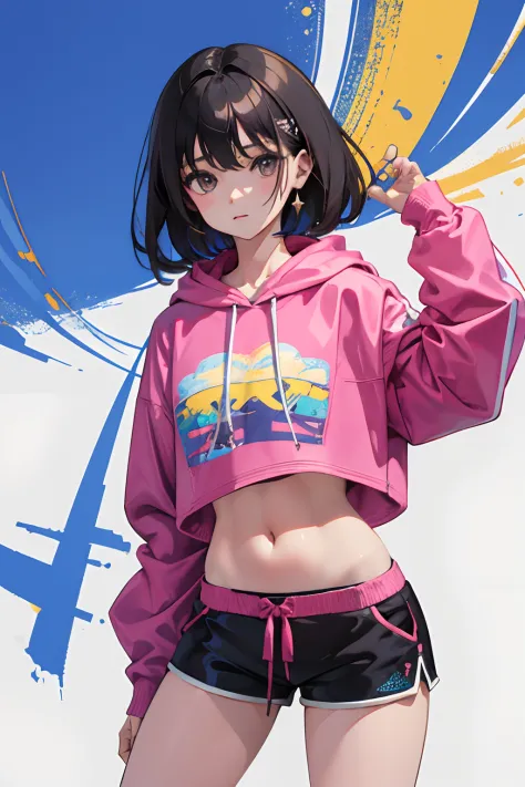 (child)，（​masterpiece，Highest Quality），Crop Top Look，Pastel Hoodie，(Gingham Check Shorts)，A dark-haired，Twin-tailed，World of toys