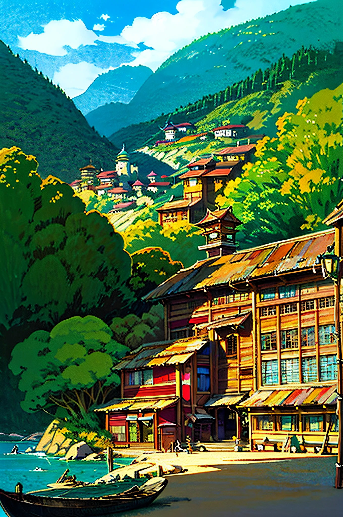 Idyllic coastal town drawn in a detailed ghibli art illustration style, bathed in sunlight, featuring European-style houses with terracotta roofs, a serene waterfront with wooden docks and anchored boats, and vintage cars parked along the wharf, set against a backdrop of lush foliage and distant mountains. Ghibli Studio anime style, Anime set concept art, Anime background design, Anime sets, Beautiful anime scene, Ghibli atmosphere, Ghibli Moebius, Greg Rutkowski Studio Ghibli