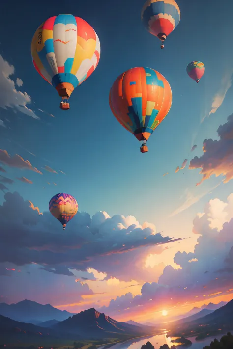 Colorful hot air balloons float in the sky，It is painted with beautiful patterns and patterns，Float freely in the blue sky and white clouds，Tie on colorful streamers，Fly to the mountains in the distance at sunset
