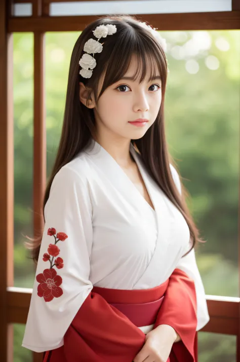 Japanese woman wearing scarlet hakama pants and a white kimono shirt with  lengthy sleeves, in front of the gatehouse of Stock Photo - Alamy