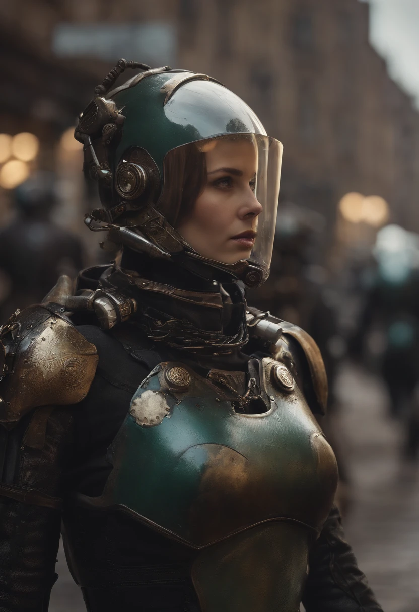 There are many robots walking down the street in this photo, eve ventrue, filme ainda do filme, Smogpunk, army of robots, trending on 500px, inspirado em Mirabello Cavalori, motocicleta steampunk, Trend in Artstattion, Directed by: Ryan Barger, Captura widescreen, inspired by Tadeusz Pruszkówski