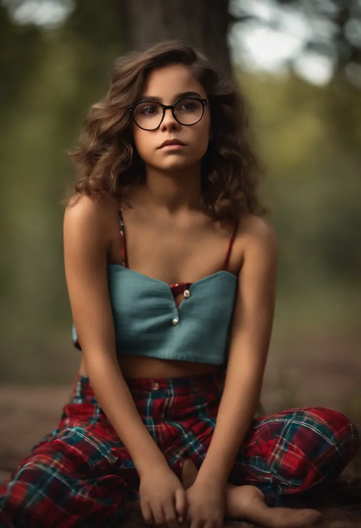 Realistic full body portrait, tiny 13 year old teenage girl, scared look, sidepart hairstyle, glasses, short  strapless crop top, plaid pajama pants