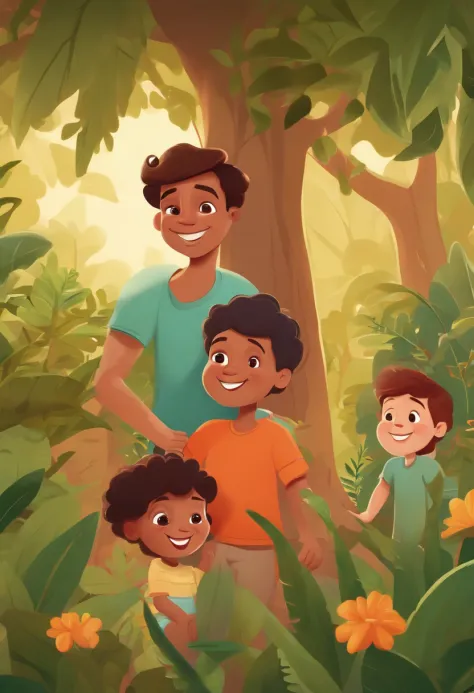 Cartoon character of a man with his three happy children in an environment with plants background