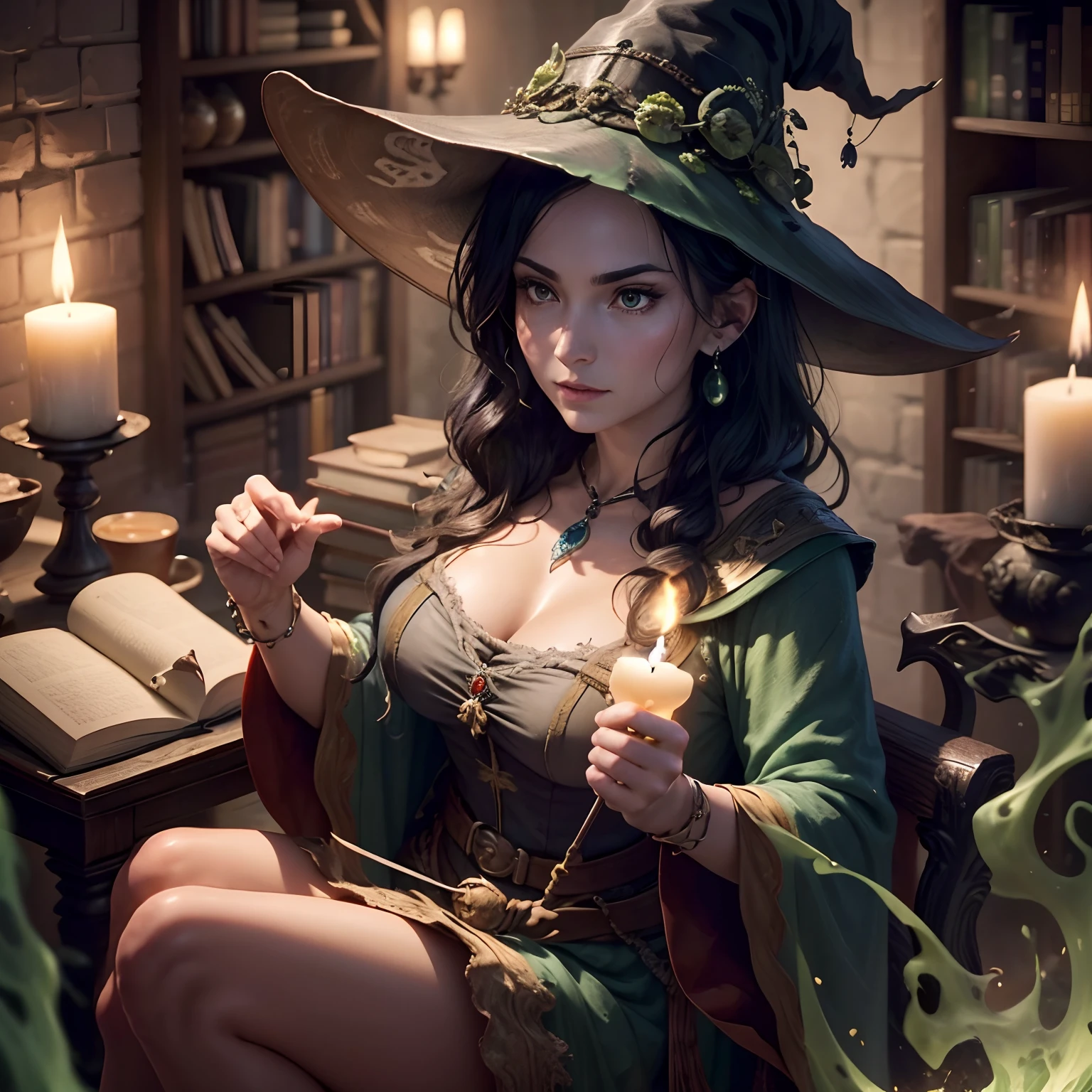 (高质量 , 超详细 , 手部细节 , 手指详细 ) 身材高挑、美丽动人的罗马尼亚黑发女巫在魔药室调制咒语和灵丹妙药的场景. 这个房间里有一个、女巫和她的化学反应上有一个巨大的魔法书库和漂浮的蜡烛. 有一锅黑巫婆，里面装满了冒泡的绿色液体,、还很遥远.、它自己在搅动