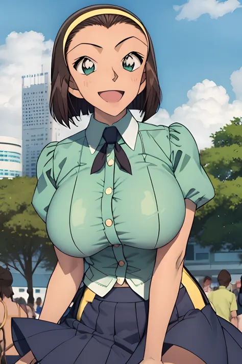 is looking at the camera、Looking over here、lookatviewer、anime styled、Eroge、1girl in,  huge-breasted, white  shirt, The shirt, low angles、Cowboy Shot, bra very, see through, Short Sleeve Lip,A smile、Open mouth、Cheerful smile、brown haired, shairband、Bob Hair...
