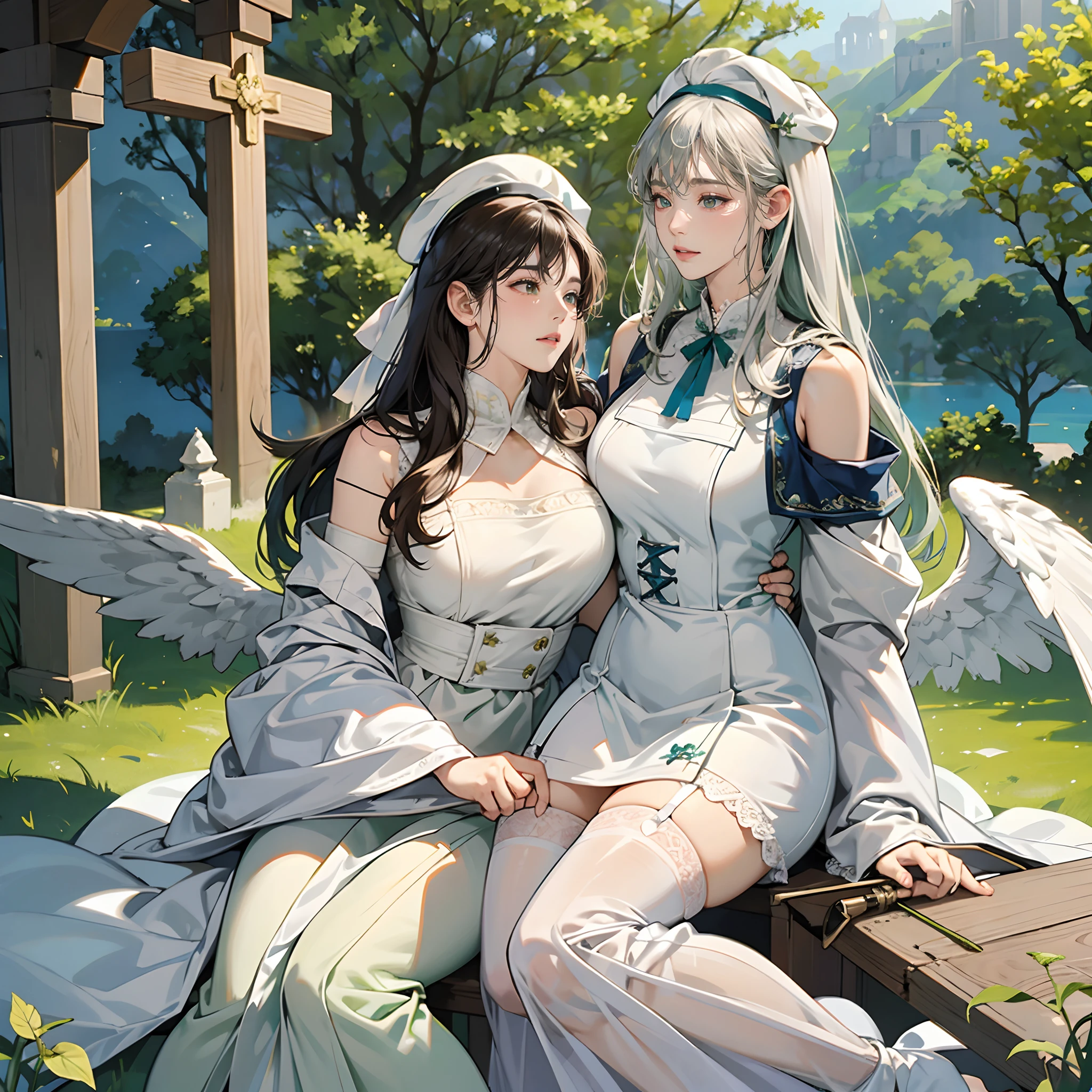 Women in Their 20s, Fantasia、offcial art, unity 8k wall paper, ultra-detailliert, beautifly、Aesthetic, ​masterpiece, top-quality, Photorealsitic、White Wizard、healer、Healing Magic、Recovery Magic、Enveloped in green light、Saint a girl、White clothes with cross design、angelicales、the presence of wings on the back、crosses、White underwear、Thighs seen through the slit、dark brown short hair、the vast grassland、Green Tree々、majestic view、You can see the castle at the top of the mountain、depth of fields, Fantastic atmosphere, Calm palette, tranquil mood, Soft shading、very large breast、plump figure、Flock of small white birds、Healer's wand:2.0、Staff with green orbs、Costumes with long hems、Deep slit、Huge breasts、Hats with cross design、White cap、thick thight、White lace stockings、White garter belt、plump figure、Silver Tin Cane、Healer's wand、Long cane、Silver Tin Cane、Healer's wand、Long cane、the vast grassland、Green Tree々、majestic view、Buildings buried in vegetation、The terrain of the valley、Voluptuous body shape、Plump、Thick waist