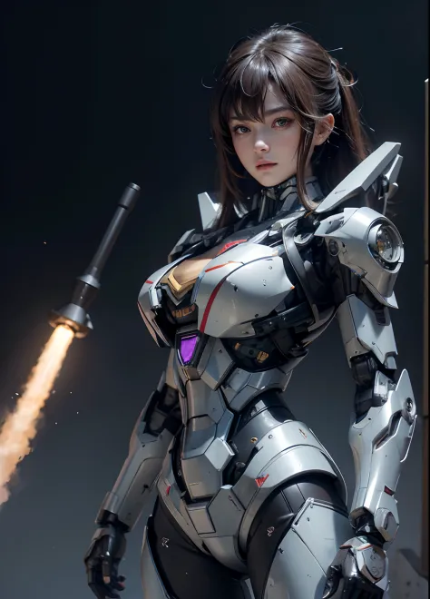 Textured skin, Super Detail, high details, High quality, Best Quality, hight resolution, 1080p, hard disk, Beautiful,(cyborgs),(Missiles from the chest),(Machine gun from both hands),beautiful cyborg woman,Mecha Cyborg Girl,Battle Mode,Girl with a Mecha Bo...