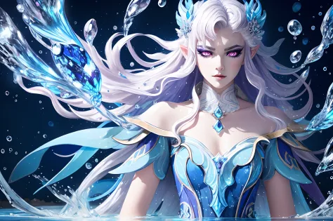 1 girl,(masterpiece, illustration, best quality:1.5), insanely beautiful black ice skadi little sister, water blue body painting...