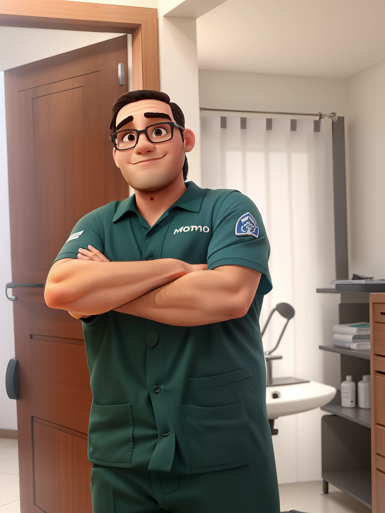 Arafed male in green uniform standing in a bathroom with his arms crossed -  SeaArt AI