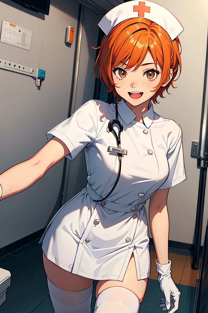 1girl, solo, nurse, nurse cap, white wear, ((white legwear, zettai ryouiki)), white gloves, very short hair, orange hair, smile, open mouth, standing, ((hospital room)), sharp outline, short sleeves, tomboy, boyish, best quality, masterpiece