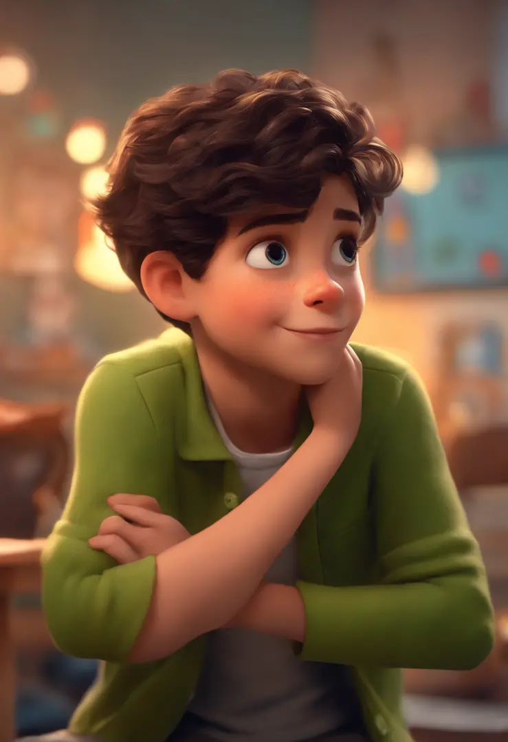 Image of a boy for a story in a YouTube video in Pixar format, He's the little allabester, He's the class leader, He's outgoing, Playful and gets up for a lot of things, cabelo curto