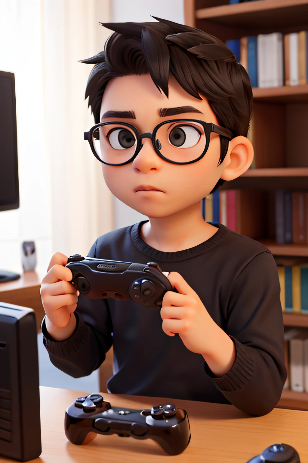 Masterpiece artwork, high quality best quality, 1 boy, offwhite, Bblack hair, black sweatshirt, brown dark eyes, wearing prescription glasses, playing video games.