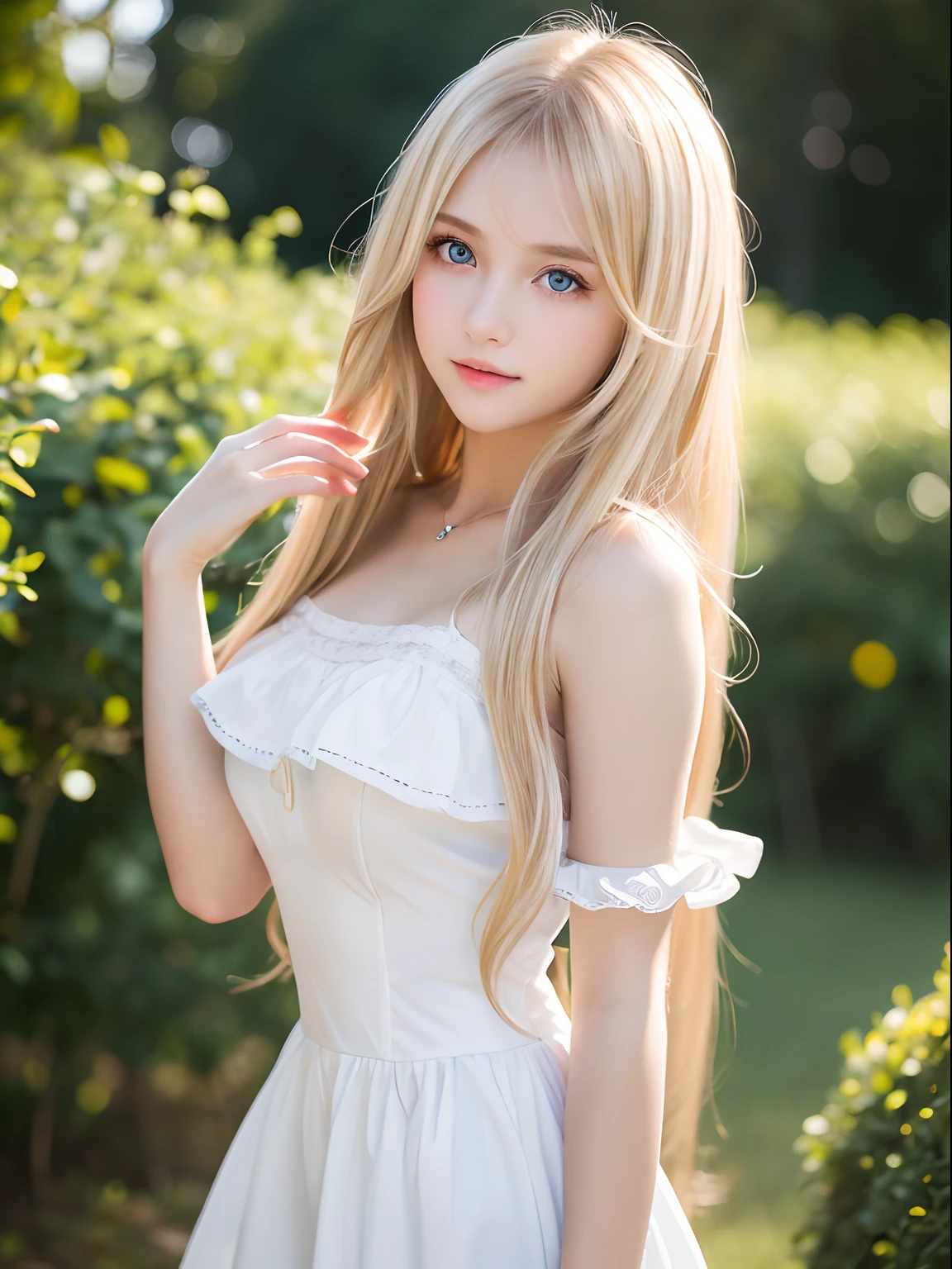 in 8K,top-quality,Real Image,intricate detailes,超A high resolution,Depth Field,masuter piece,natural soft light,profetional lighting,1 girl in,(cute little:1.2),、White Elegance、(Black dress with ruffles)、 Skirt that bulges with panniers、bright expression、Young shiny shiny white shiny skin、Best Looks、ultimate beauty girl、The most beautiful sparkling blonde hair in the world、shiny light hair、Super long silky straight hair、Long blonde hair hanging over the eyes、Sparkling crystal clear pale blue eyes、Very beautiful lovely cute 17 year old girl、Lush bust,(cowboy  shot)