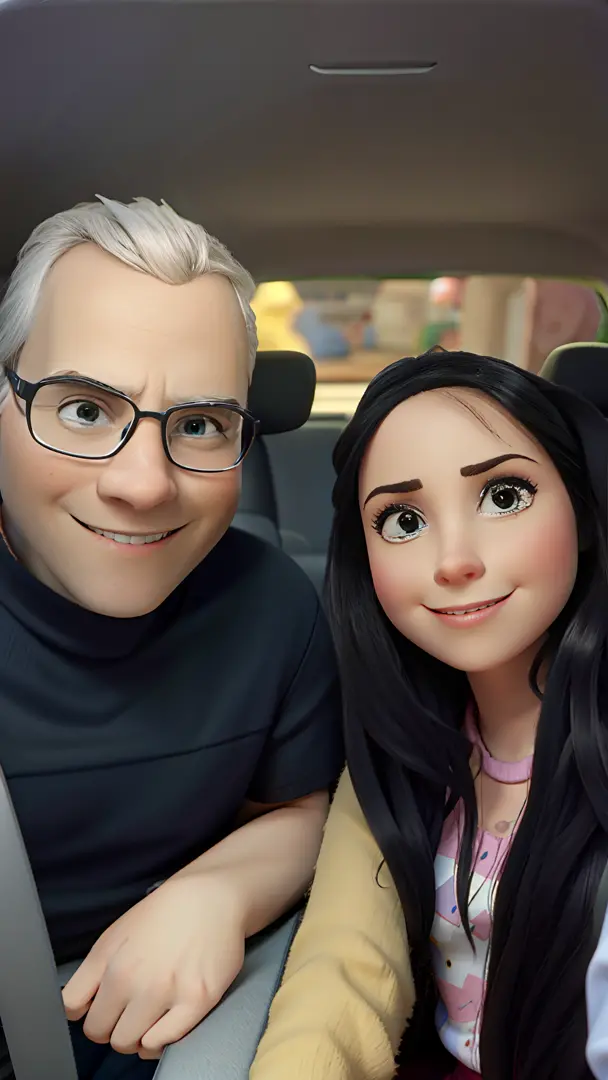 Alta qualidade, Sharp image, estilo Disney Pixar, casal dentro do carro,