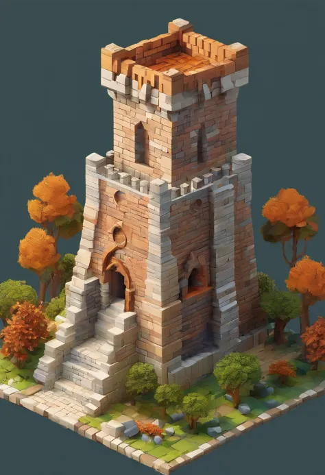 absurdres, best quality, fantasy, isometric, knolling style of (miniature brick round tower:1.2), tree, stone wall, (simple background:1.2)