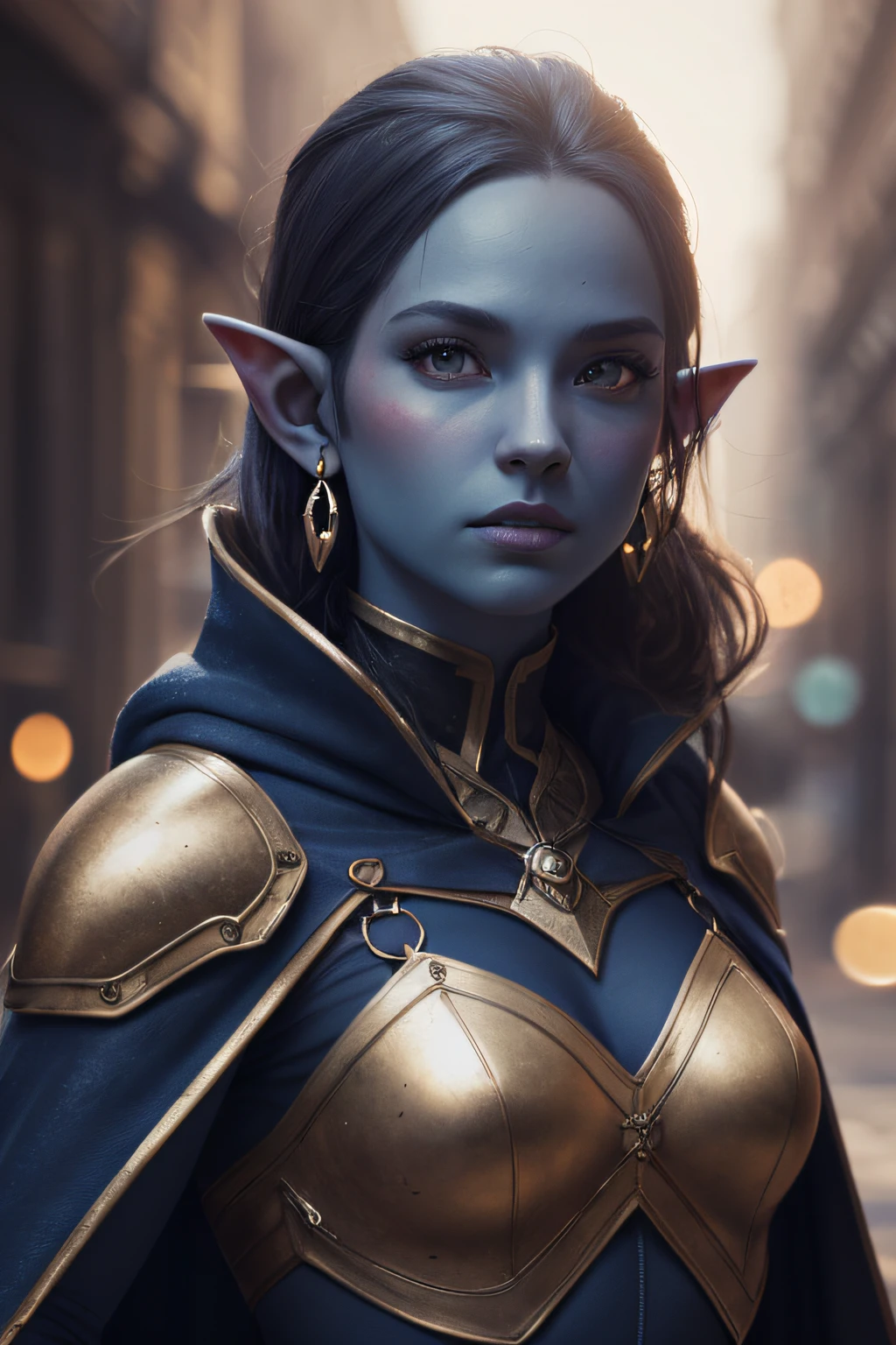 (blue skin elf,femme,peau armor,cape,jacque,cambison,daggers,pierced ears,earrings,rogue,thief,sneaky,vicious) (best quality,4k,8k,highres,masterpiece:1.2),ultra-detailed,(realistic,highly detailed digital painting),HDR,UHD,studio lighting,ultra-fine painting,sharp focus,physically-based rendering,extreme detail description,professional,vivid colors,bokeh, portraits,blue tones,soft lighting.