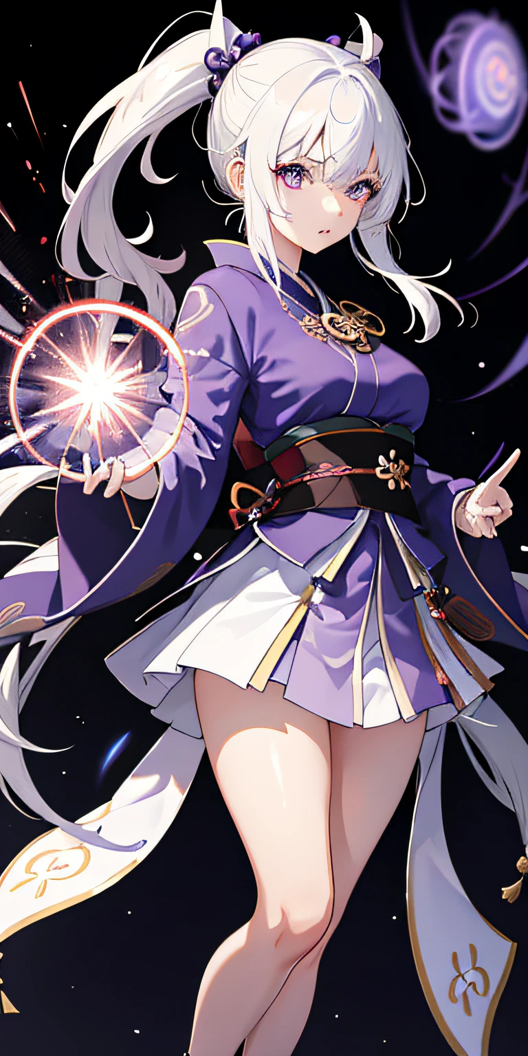 1girll, Japanese clothes, pony tails ,White hair, Purple eyes, Magical Circle, bluefire, blue flame, the wallpaper, landscape, Blood, blood spatter, Depth of field, Night, Light particles, Light rays, side-lighting, Thighs, fate \(Series\), Genshin Impact, ****, Open jacket, Skirt, upper legs, Cloud