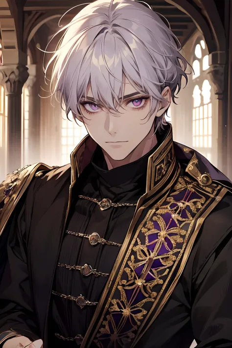 1male, calm, age 35 face, short messy with bangs, white hair, amethyst colored eyes, royalty, prince, black clothes, in a castle...