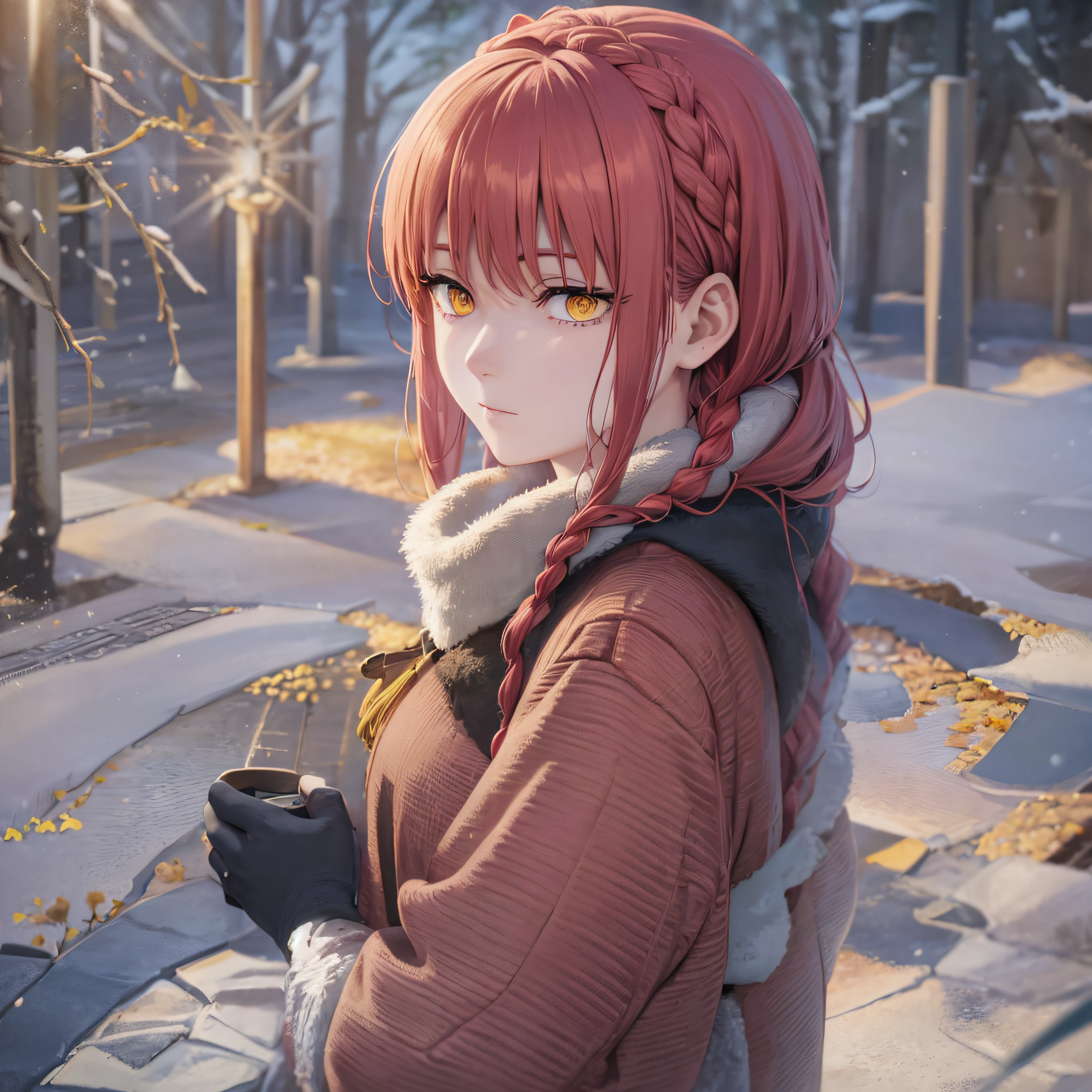 Makima、hight resolution, best pictures,, super precision、[3D images:1.35]、High quality anime、red hairs、yellow  eyes、Winters、It's snowing、Black mink coat、Braids